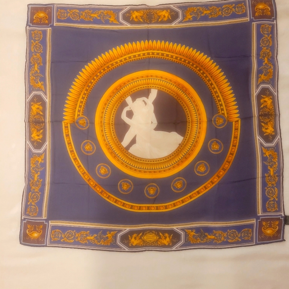 Silk Vintage GIANNI VERSACE. Elegant Blue and Gold Scarf